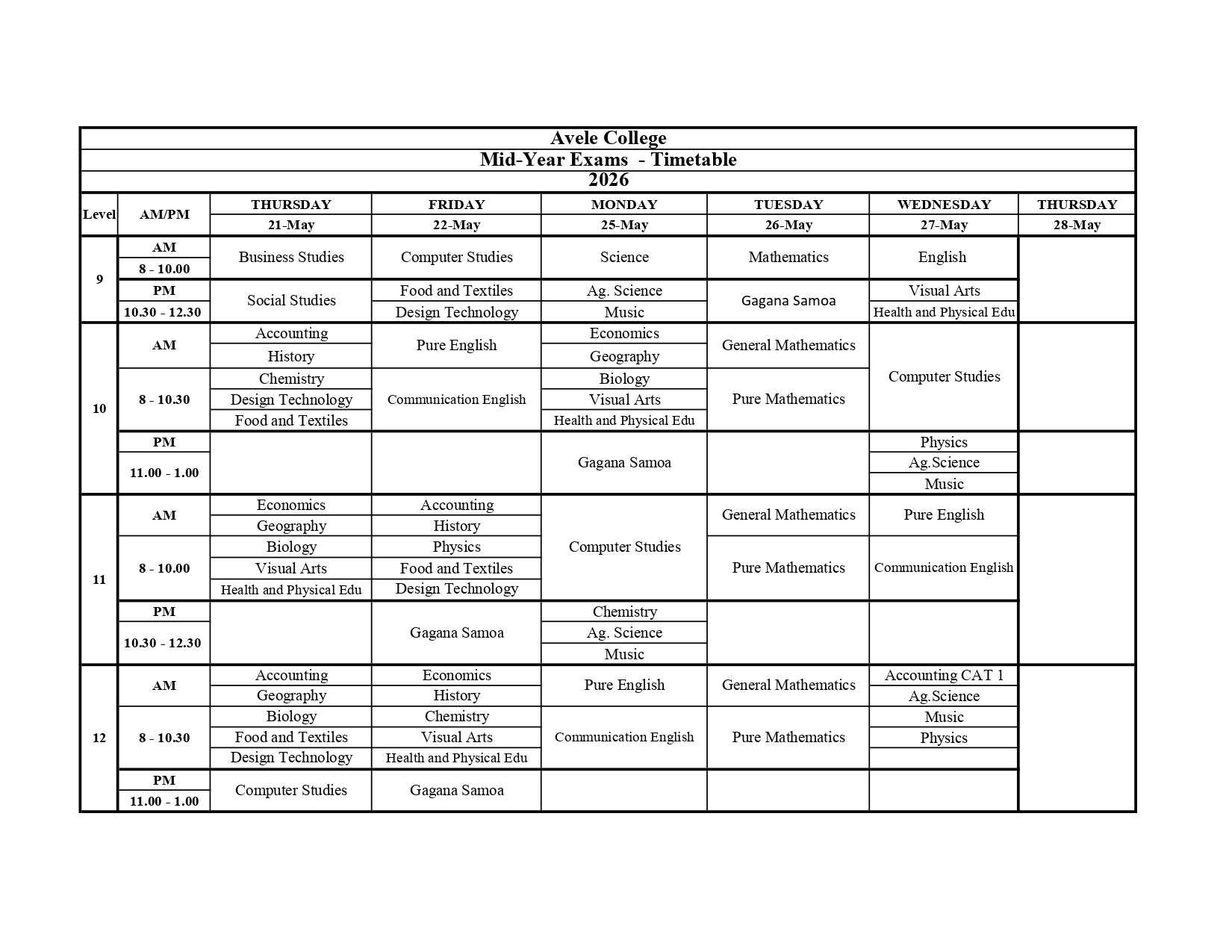 Mid Year 2026 Exam Timetable